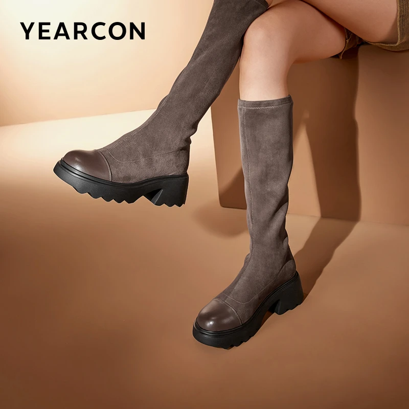 意尔康2024冬季新款高跟女靴子绒面弹力瘦瘦高筒靴29654W