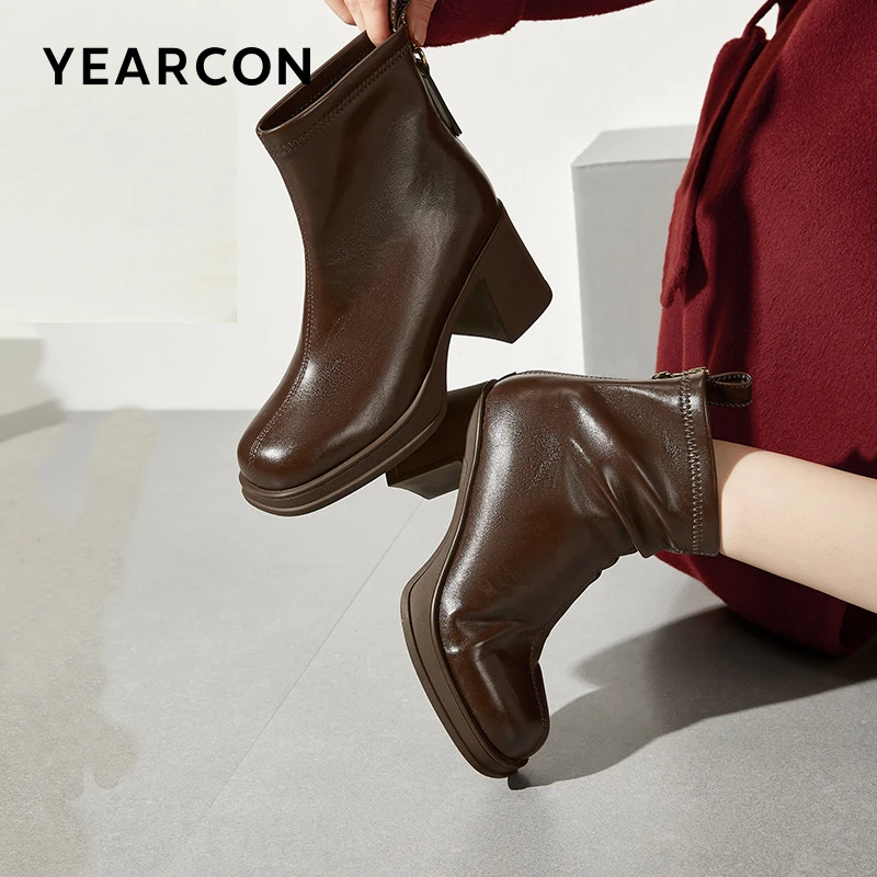 意尔康冬季新款短靴女粗跟法式单靴高跟时装瘦瘦靴49732W