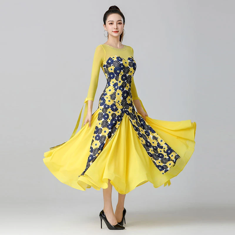 丹宝罗摩登舞演出服气质长袖大摆裙拉丁舞练习套装女士优雅连衣裙