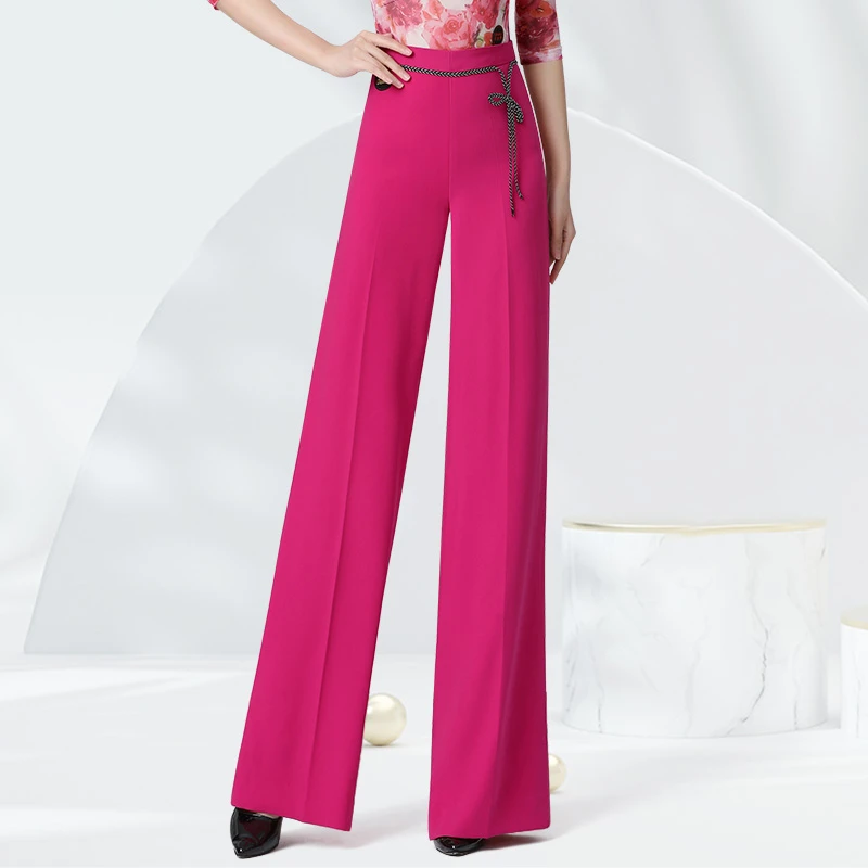 丹宝罗玫红色高腰舞蹈裤女品牌高档直筒免烫跳舞裤高级摩登舞裤