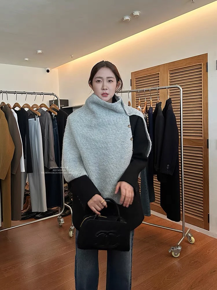 老板娘同款冬季韩系ins风灰色高领围脖小众不规则针织披肩围巾