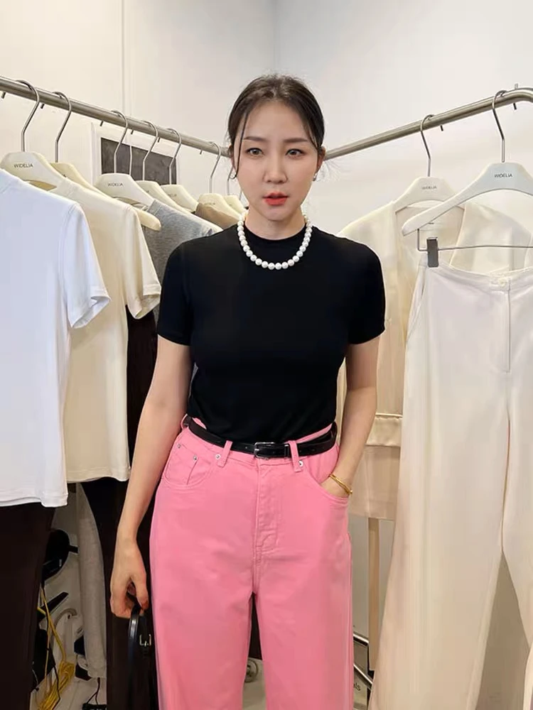 春夏款韩版小立领T恤女简约纯色内搭百搭修身短袖上衣显瘦 7106