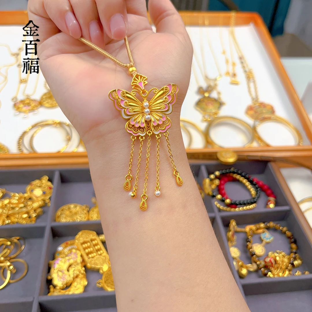合金项链 【精工版】蝴蝶流苏项链大蝴蝶项链吊坠颈款金色毛衣链