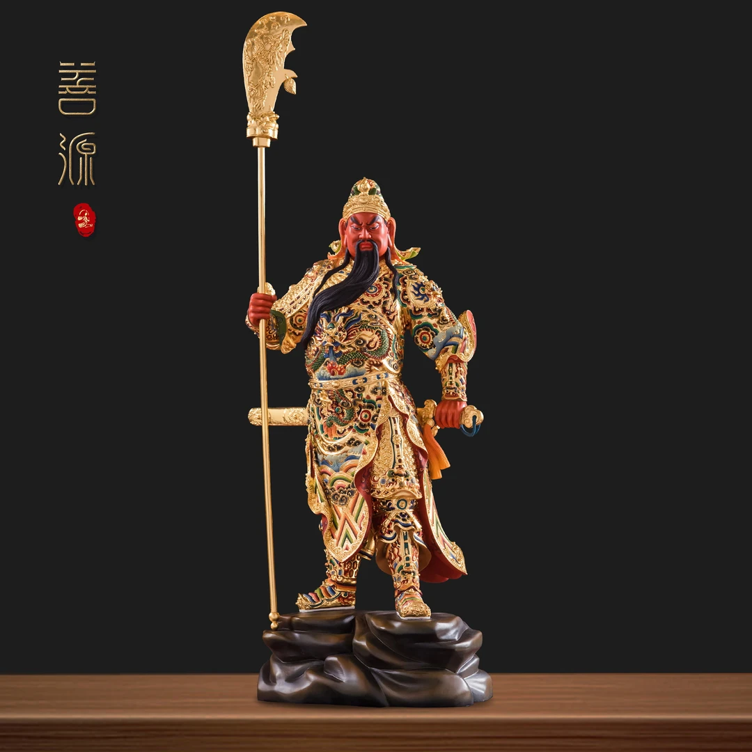 善源48-78cm关公握剑武财神立刀关二爷摆件家居彩绘铜雕摆件