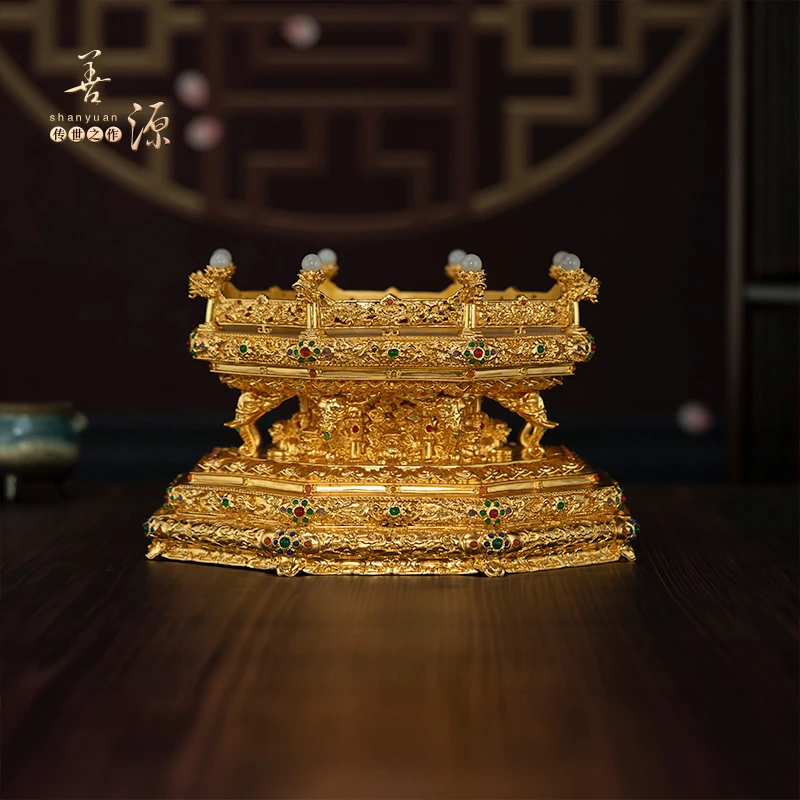 善源《镀金财神金刚龙台》贴金纯铜金刚台宝石镶嵌摆件书房底座台