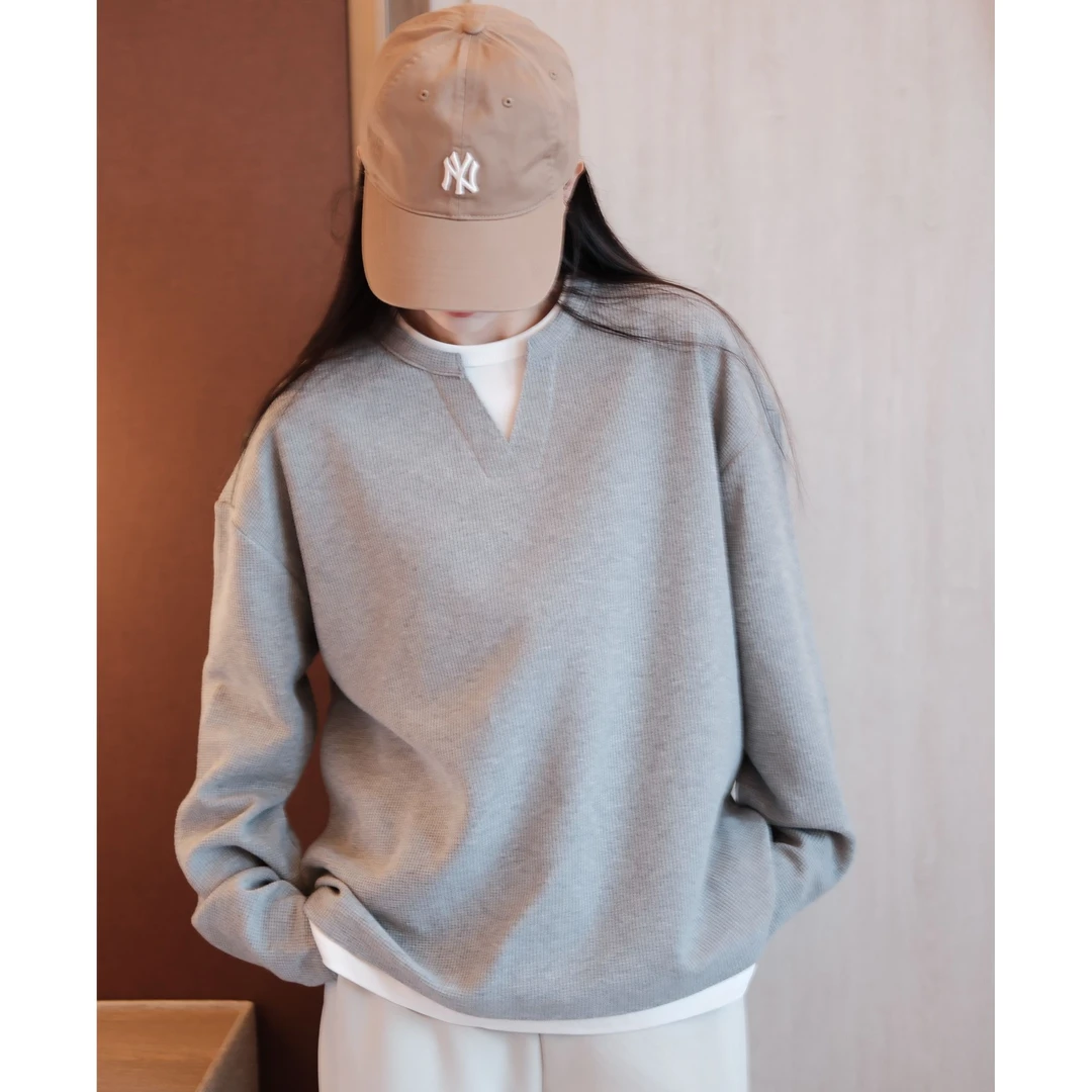 2024秋冬新款小众美式假两件华夫格纯色长袖T恤320G圆领针织卫衣