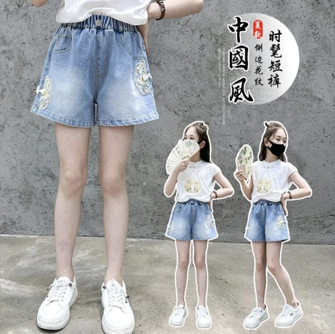 女童国风牛仔短裤2024夏季新款外穿时髦新中式小女孩儿童裤子热裤