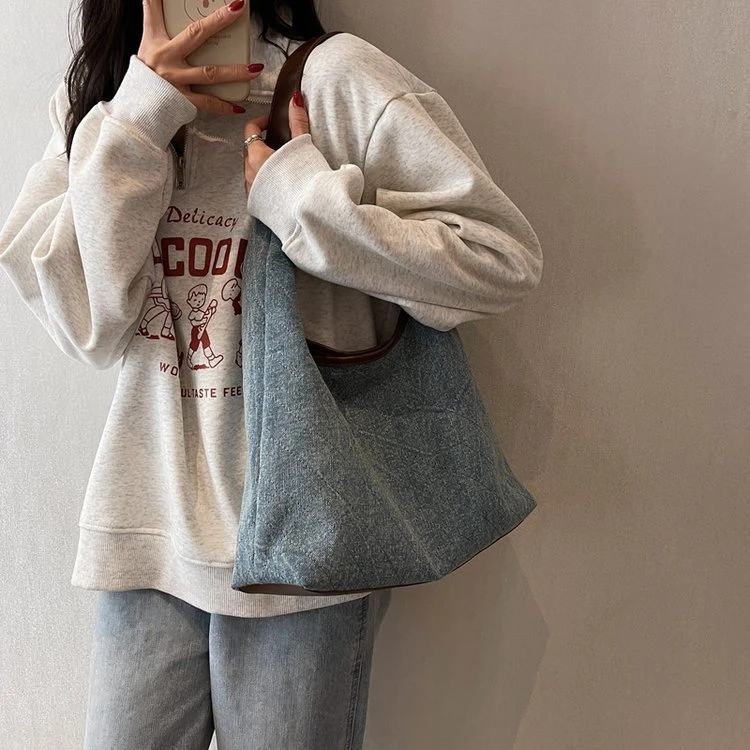 牛仔帆布包女单肩托特包新月包小众设计质感复古ins韩版2023新款