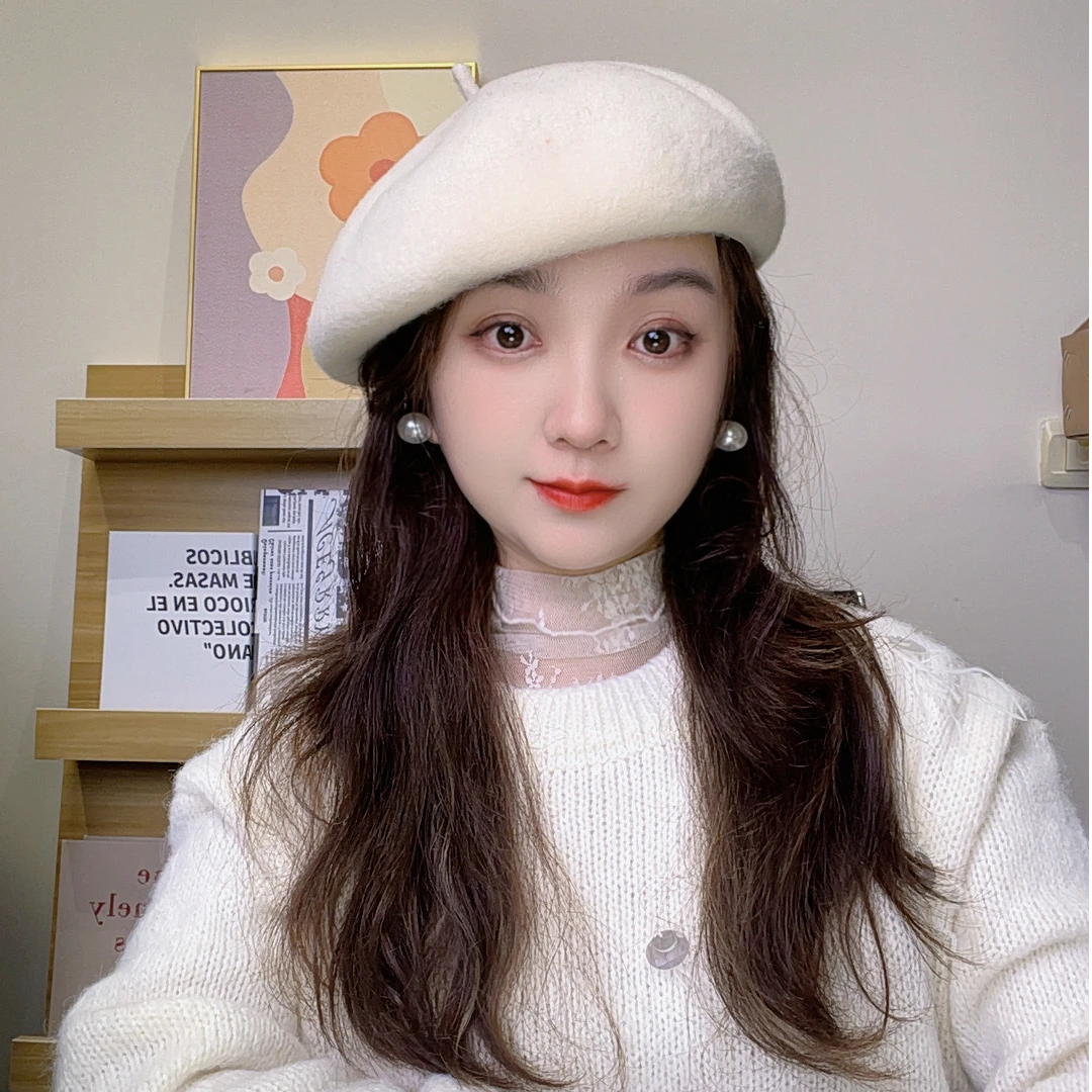 自留绵羊毛贝雷帽百搭女秋冬日系大头围显脸小复古画家帽蓓蕾帽子