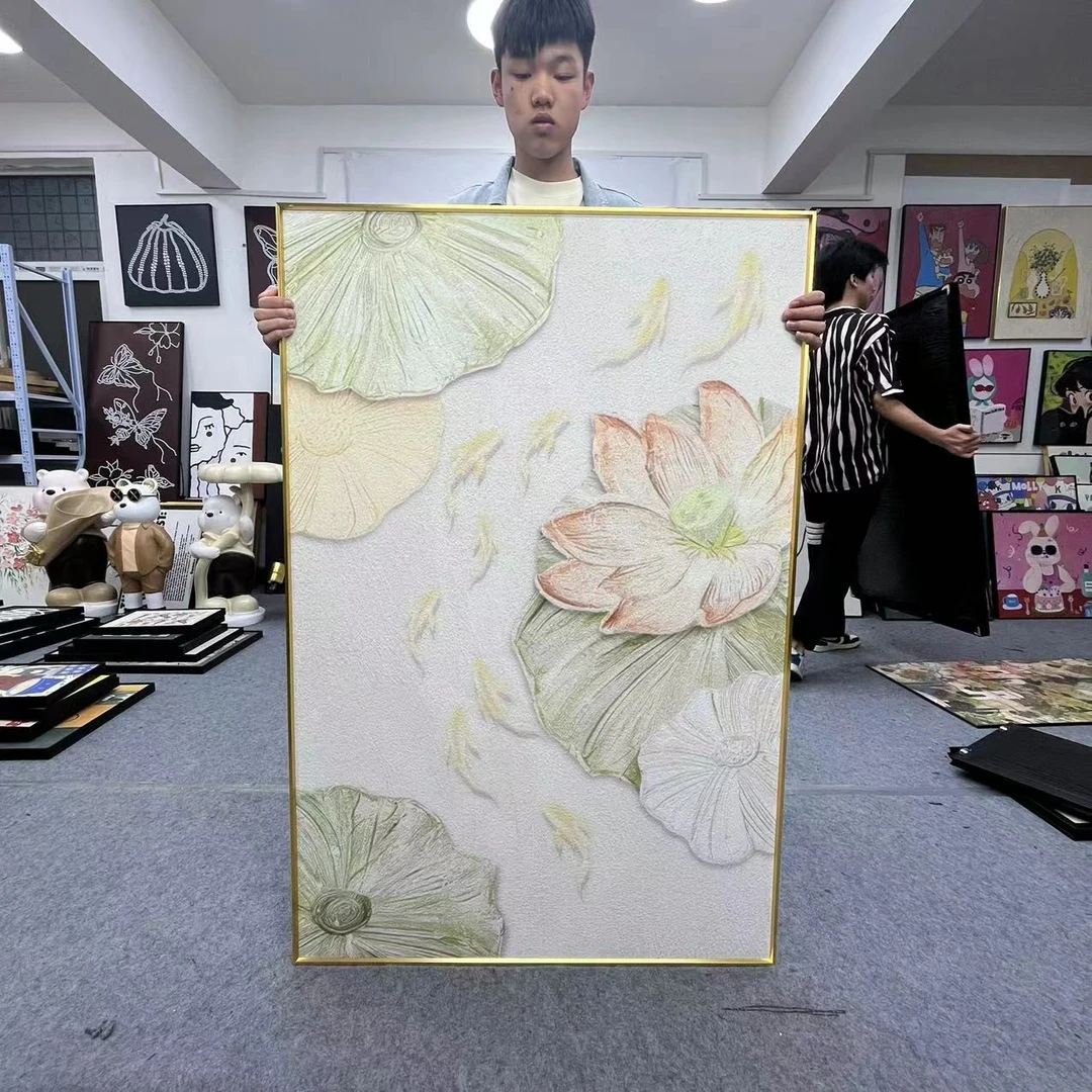 奶油风客厅现代简约沙发背景墙挂画荷花九鱼图入户玄关挂画80120