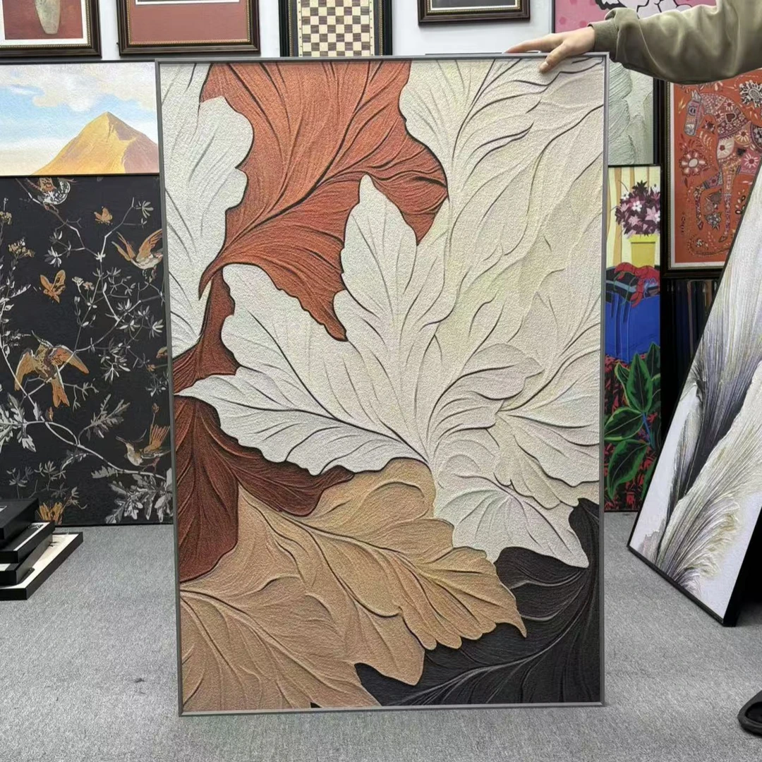 简约橙色大芬村手绘油画奶油风玄关装饰画肌理感沙发背景80120