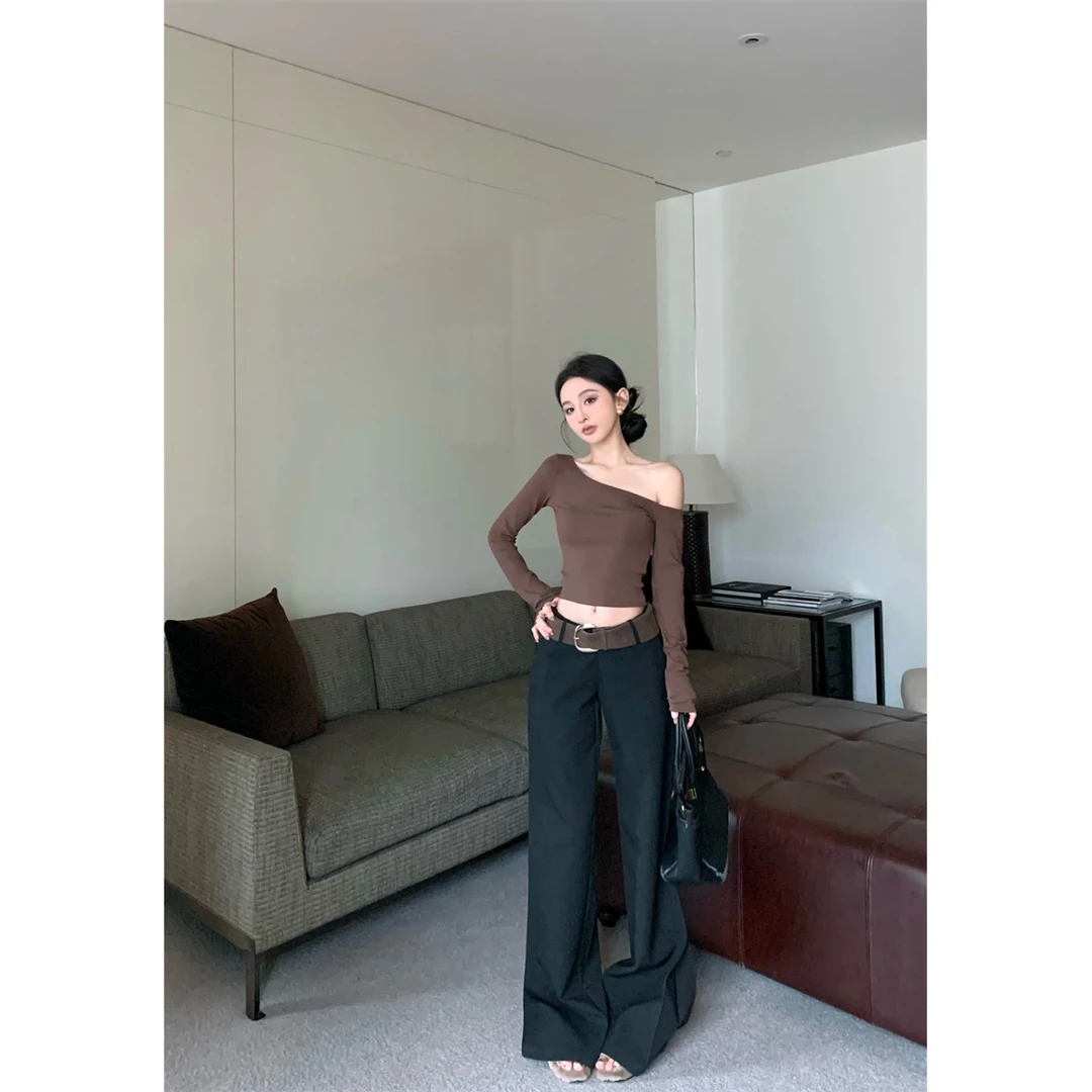 设计感气质斜肩辣妹修身T恤上衣直筒阔腿长裤套装#A731
