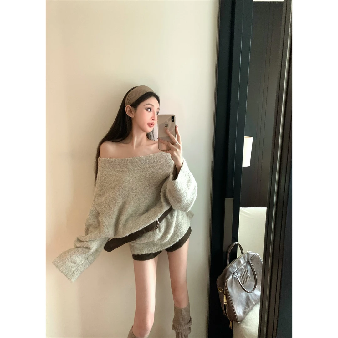 冬季时髦复古气质设计感高级一字肩针织毛衣上衣#A727