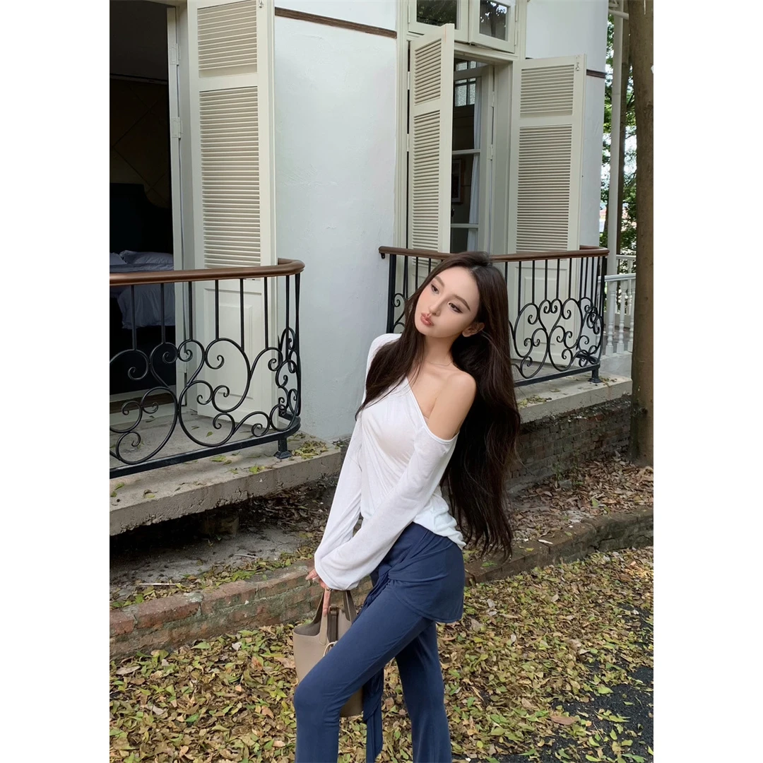 流行时尚女装2024美式设计感斜肩上衣T恤高腰假两件长裤#8090