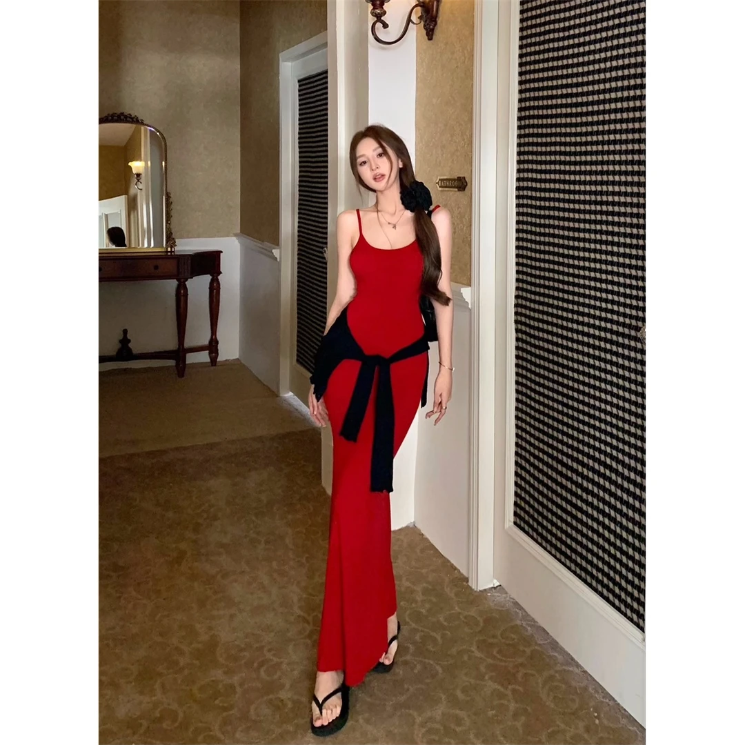 高贵上档次女装洋气时尚复古性感辣妹显瘦包臀吊带连衣长裙#A592