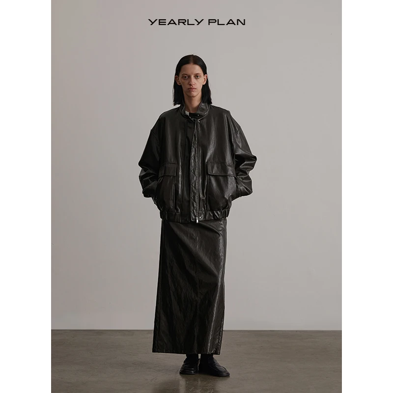 YEARLY PLAN  休闲复古宽松防风立领经典工装口袋皮衣 0934317