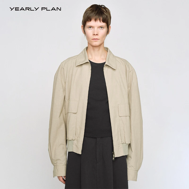 YEARLY PLAN 经典棉质飞行员复古夹克上衣翻领女 0085