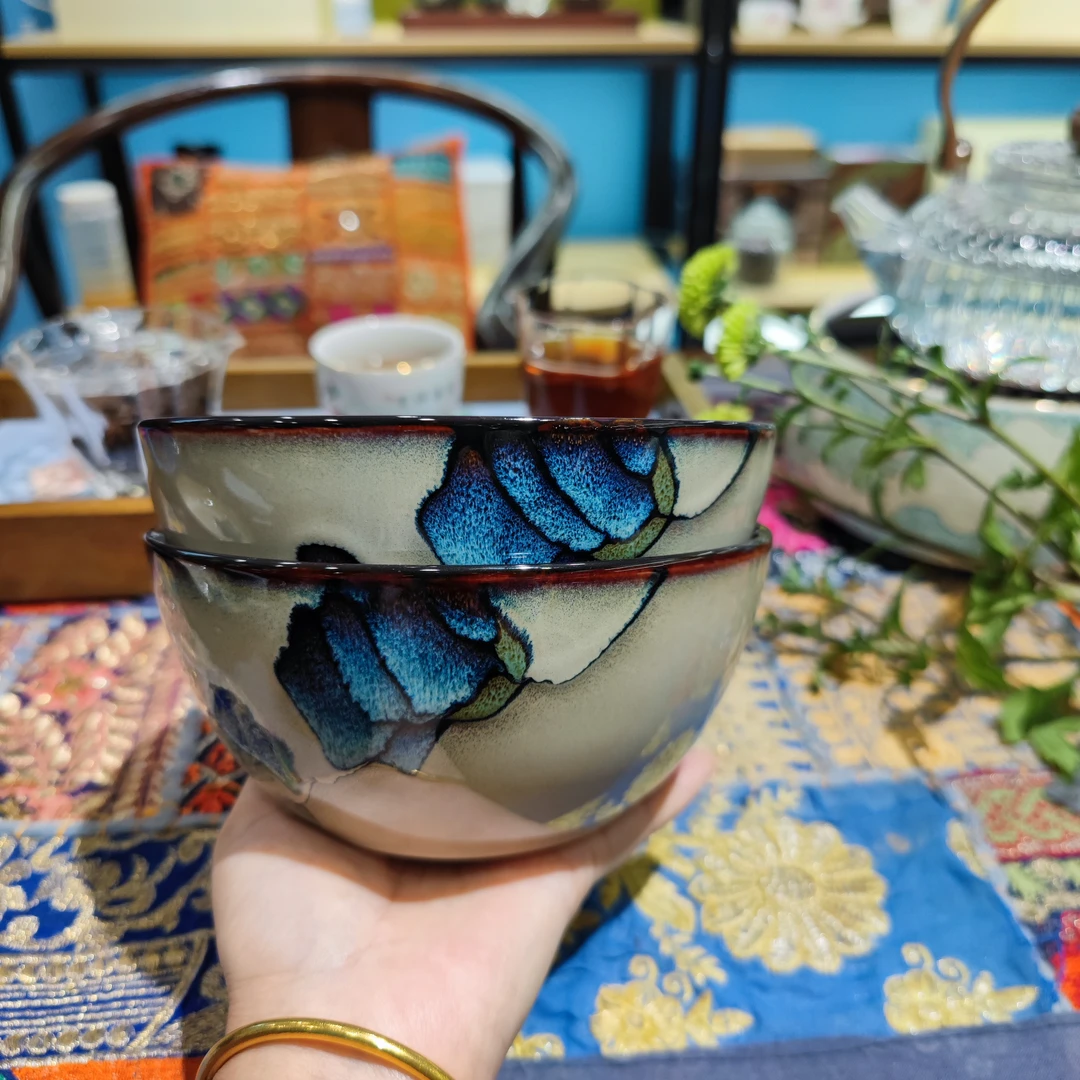 玉泉餐具6英寸木兰蓝15.5厘米左右面碗圆碗高温瓷釉下彩手工绘画