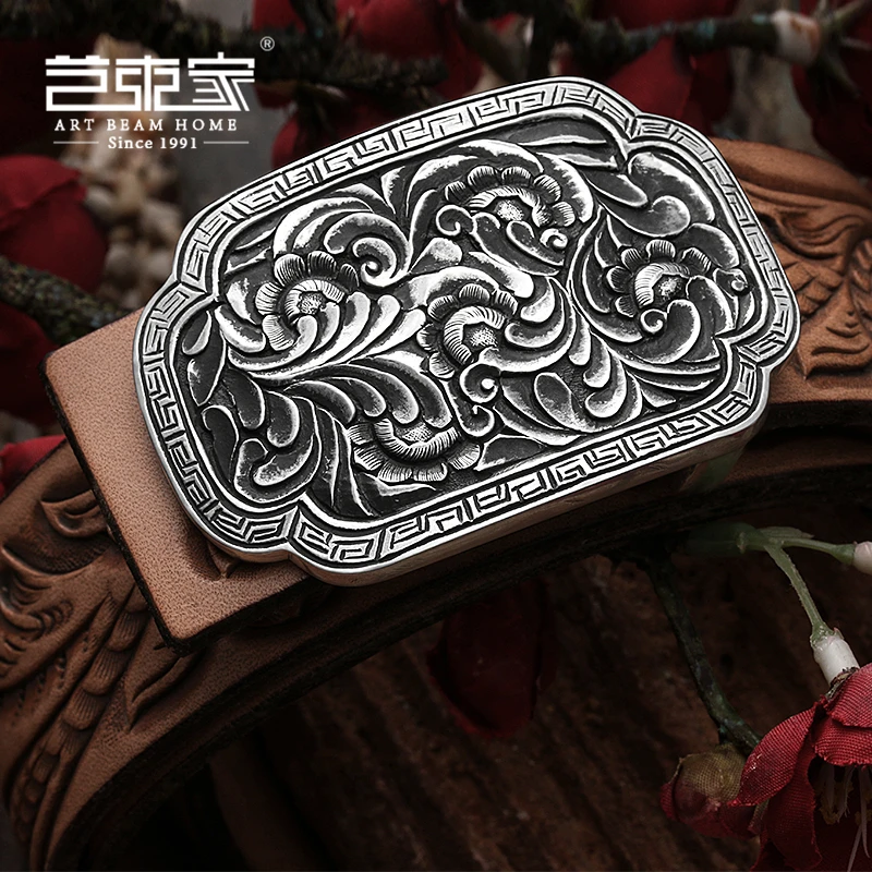 【錾刻系列 • 百雨金盛】9999足银錾刻手工皮雕男士个性腰带皮带