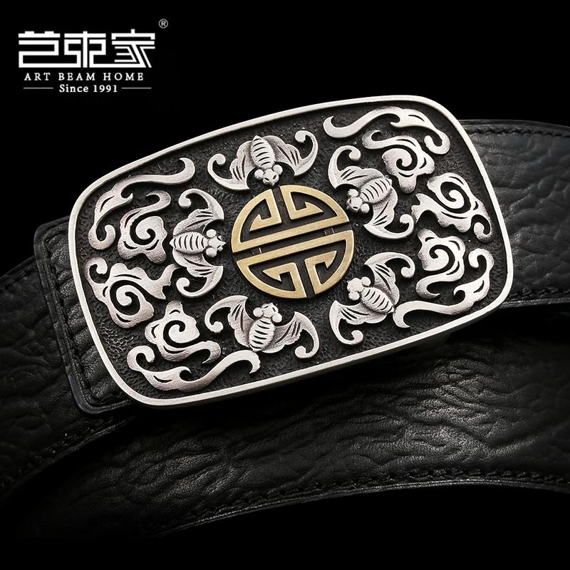 中国风五福捧寿送长辈手工腰带男士皮带真鲨鱼皮个性纯银裤带腰带