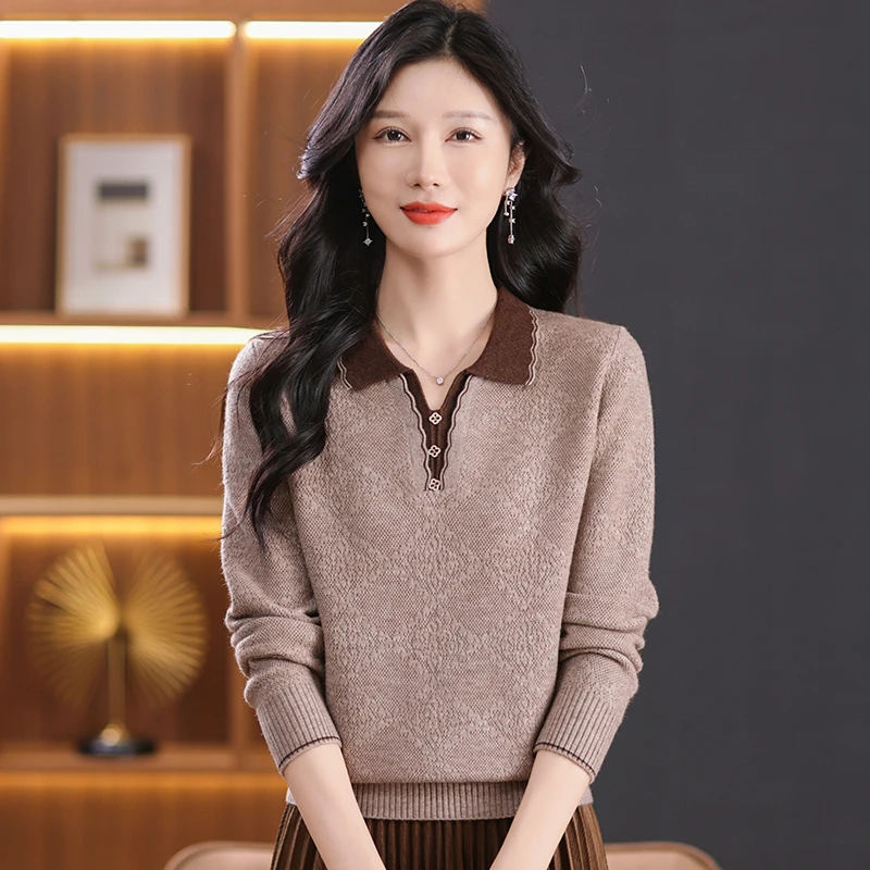秋季女士POLO领套头长翻领松显瘦百搭减龄长袖针织衫