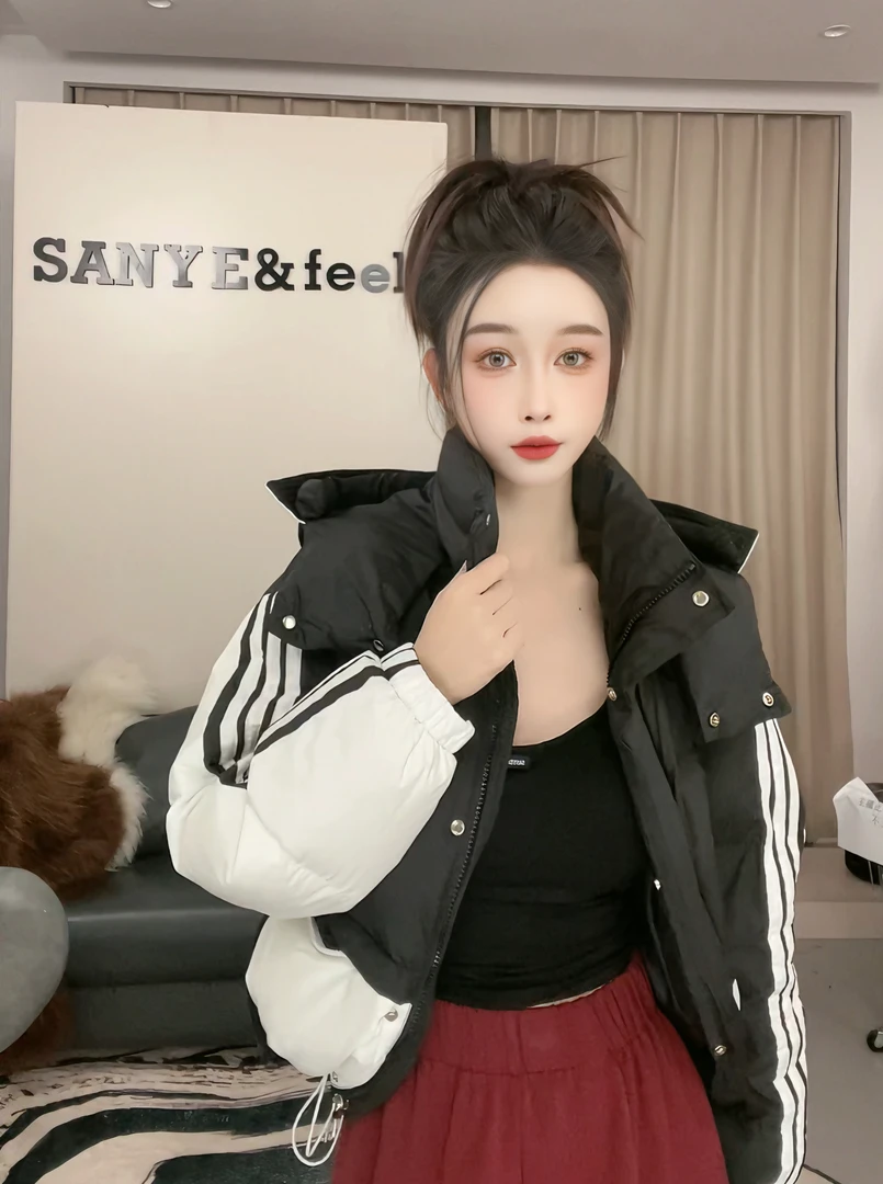 【妍三也】A01新时尚撞色拼接连帽白鸭绒羽绒服 JX