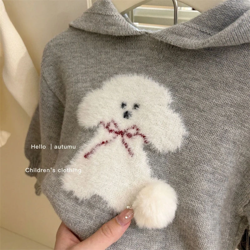韩版女童加厚2024春秋新款可爱小狗印花连帽针织毛衣冬季宝宝帽子