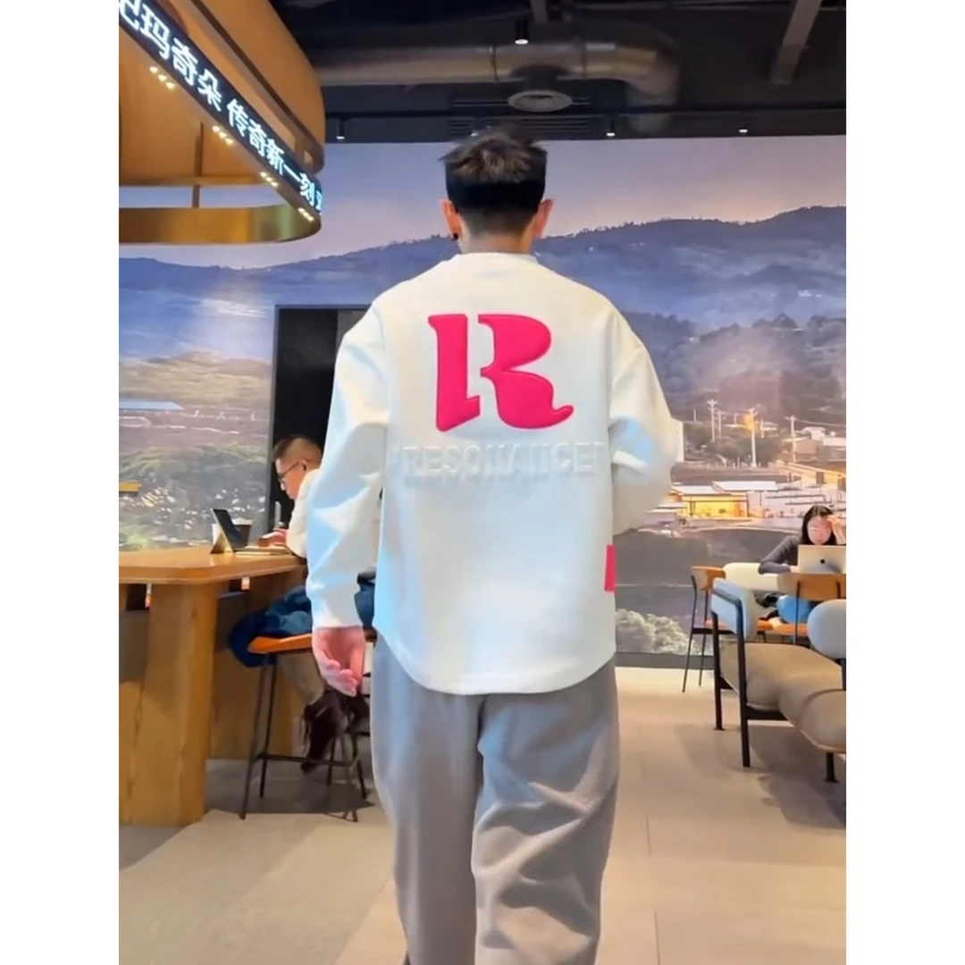 春秋季植绒贴布男士小众时尚设计感撞色街头百搭圆领长袖情侣卫衣