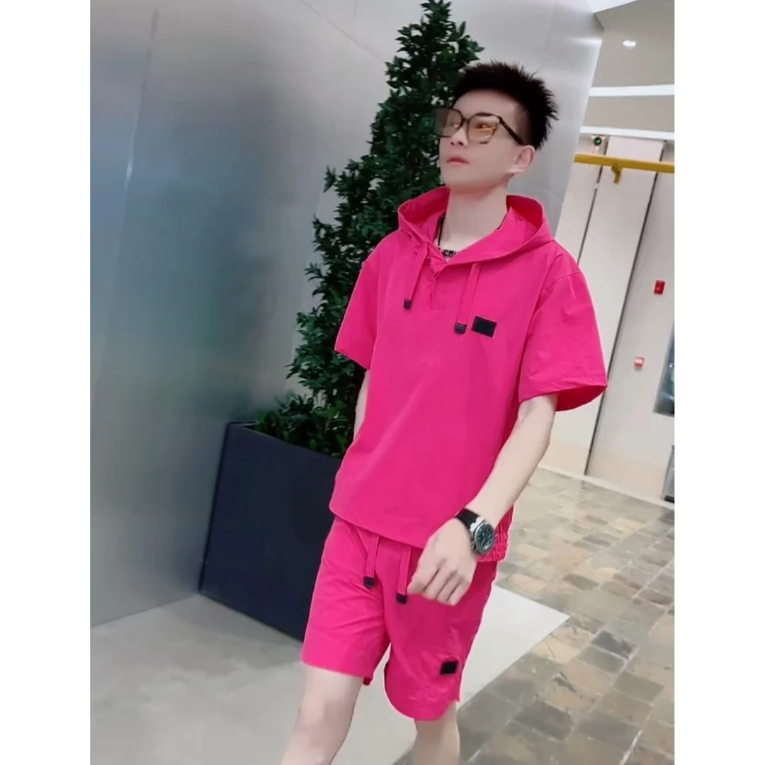 夏季新款短袖宽松时尚速干套装男款男士帅气短裤百搭连帽两件套