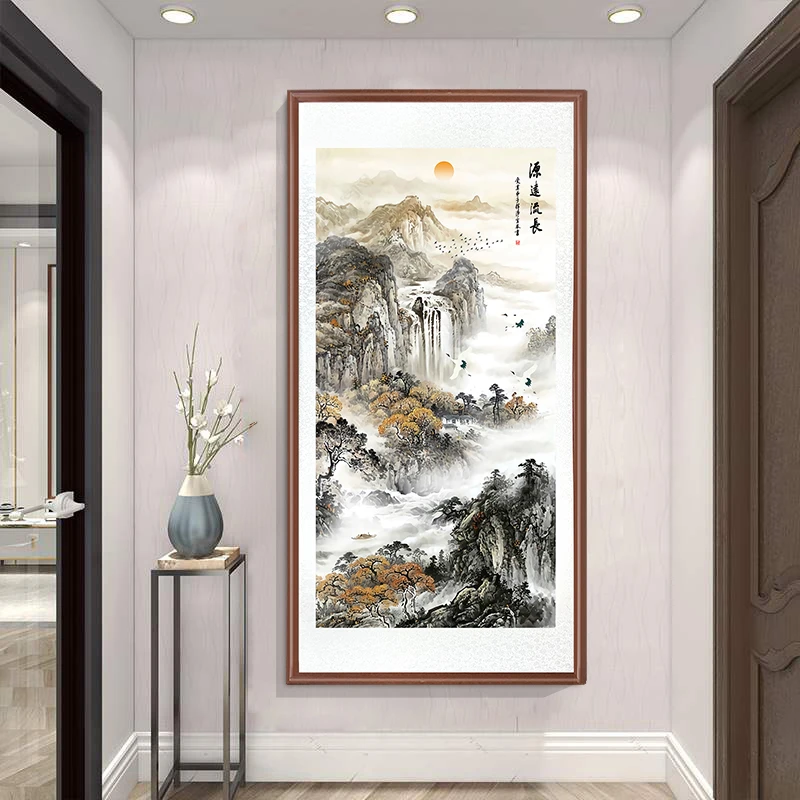 带框装裱 艺术微喷 源远流长玄关装饰画国风走廊过道挂画竖山水背