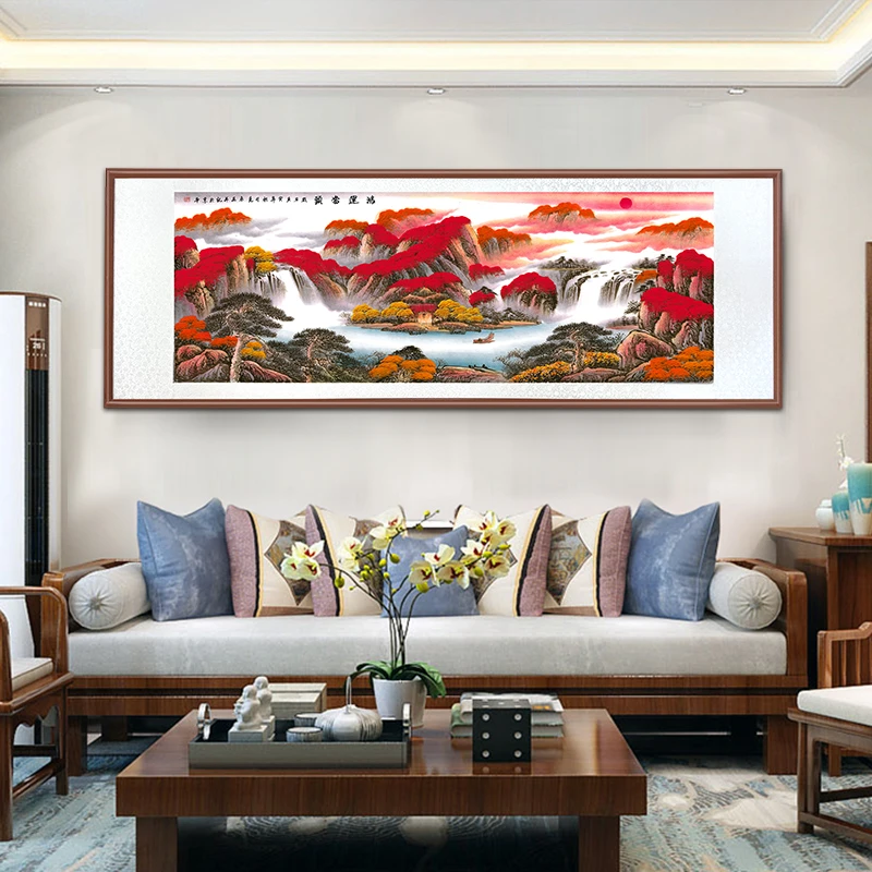带框装裱 艺术微喷 鸿运当头 国画山水画办公室沙发背景墙画客厅