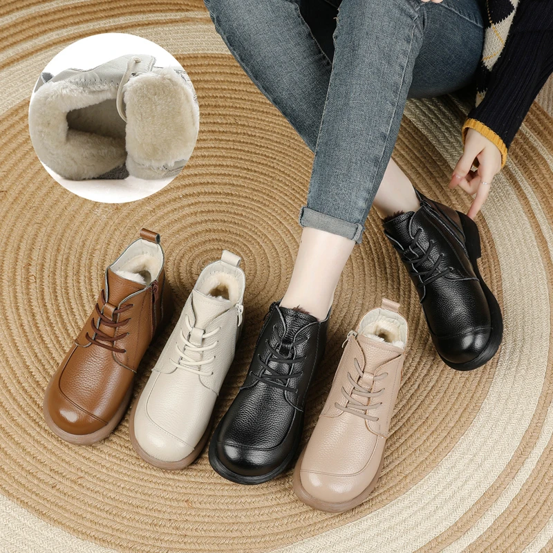 秋冬新款加绒英伦风靴子头层牛皮圆头系带拉链真皮百搭软底妈妈鞋