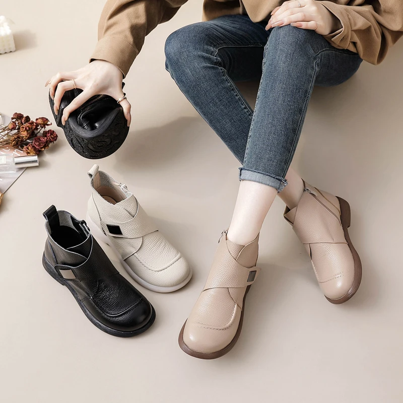 秋冬新款英伦风靴子头层牛皮圆头拉链真皮休闲百搭软底妈妈鞋