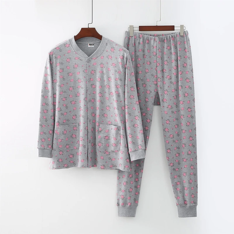 妈妈纯棉开衫秋衣秋裤套装中老年长袖对襟线衣老人开身系扣棉毛衫