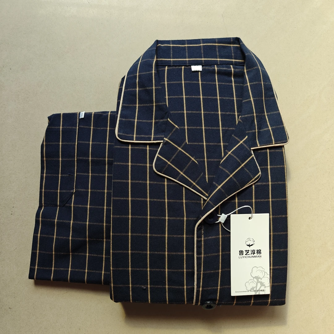 纯棉老粗布家居服格子睡衣套装春秋款男士睡衣上衣裤子两件套
