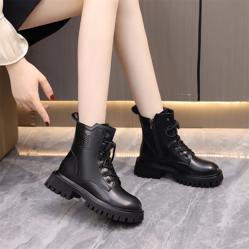 2024新款马丁靴女春秋单靴时尚女鞋厚底中跟加绒加厚短靴女英伦风