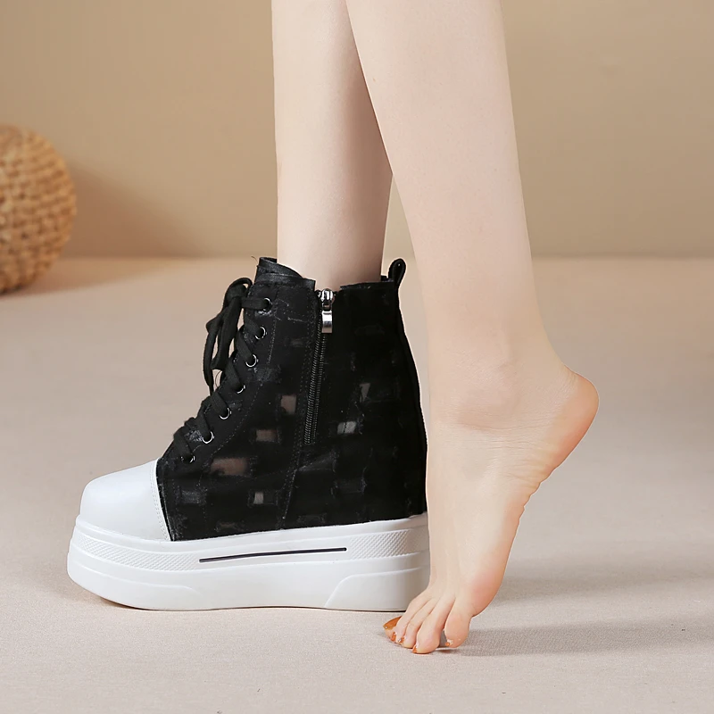 时尚网纱拼接帆布鞋内增高2024新款女鞋增高鞋小白鞋厚底百搭板鞋