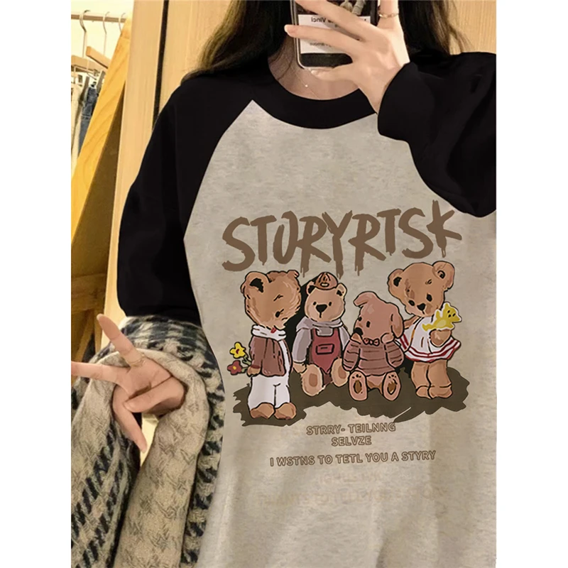 潮牌小熊圆领宽松大码上衣女秋冬季加绒加厚慵懒风百搭卫衣女ins