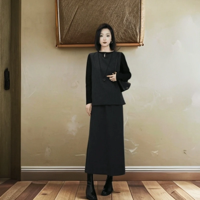 时尚复古气质早秋时尚套装穿搭高级感马甲显瘦半身裙三件套
