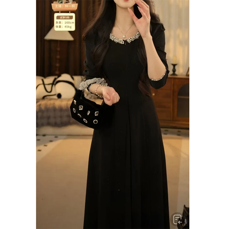轻奢显瘦高端气质优雅长袖连衣裙小黑裙名媛宴会