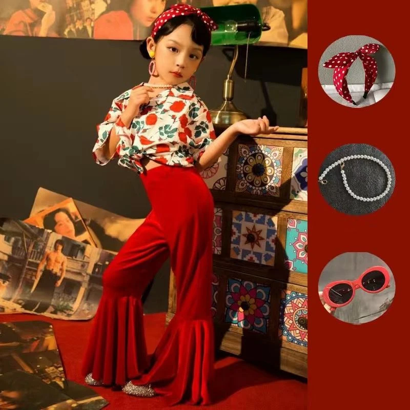 儿童复古港风喇叭裤走秀演出服女童8090年代怀旧主题失恋阵线联盟