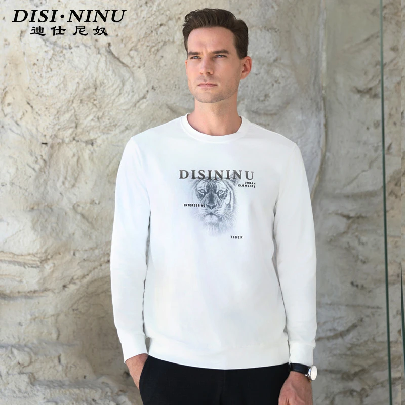 迪仕·尼奴圆领套头卫衣男秋冬文字狮头白色厚保暖弹力休闲运动T恤