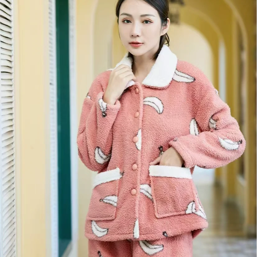 【左西优选】韩蜜蜜秋款女士翻领米粒绒加厚简约加绒睡衣家居服5635