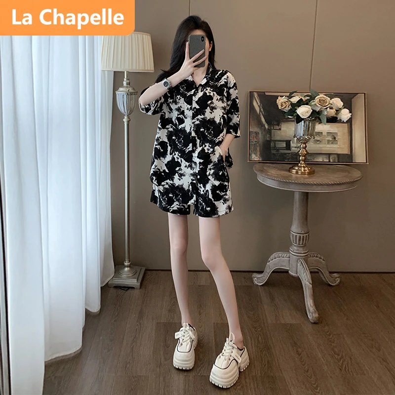 拉夏贝尔休闲时尚套装女夏季网红水墨扎染宽松防晒中袖短裤两件套