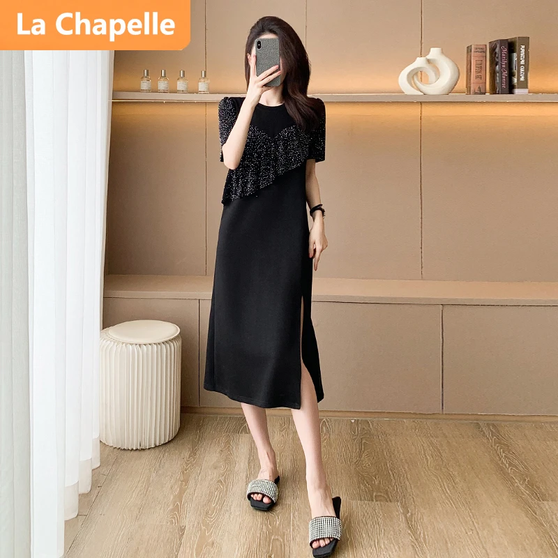 拉夏贝尔时尚连衣裙女2024夏季新款优雅宽松开叉黑色显瘦中长款