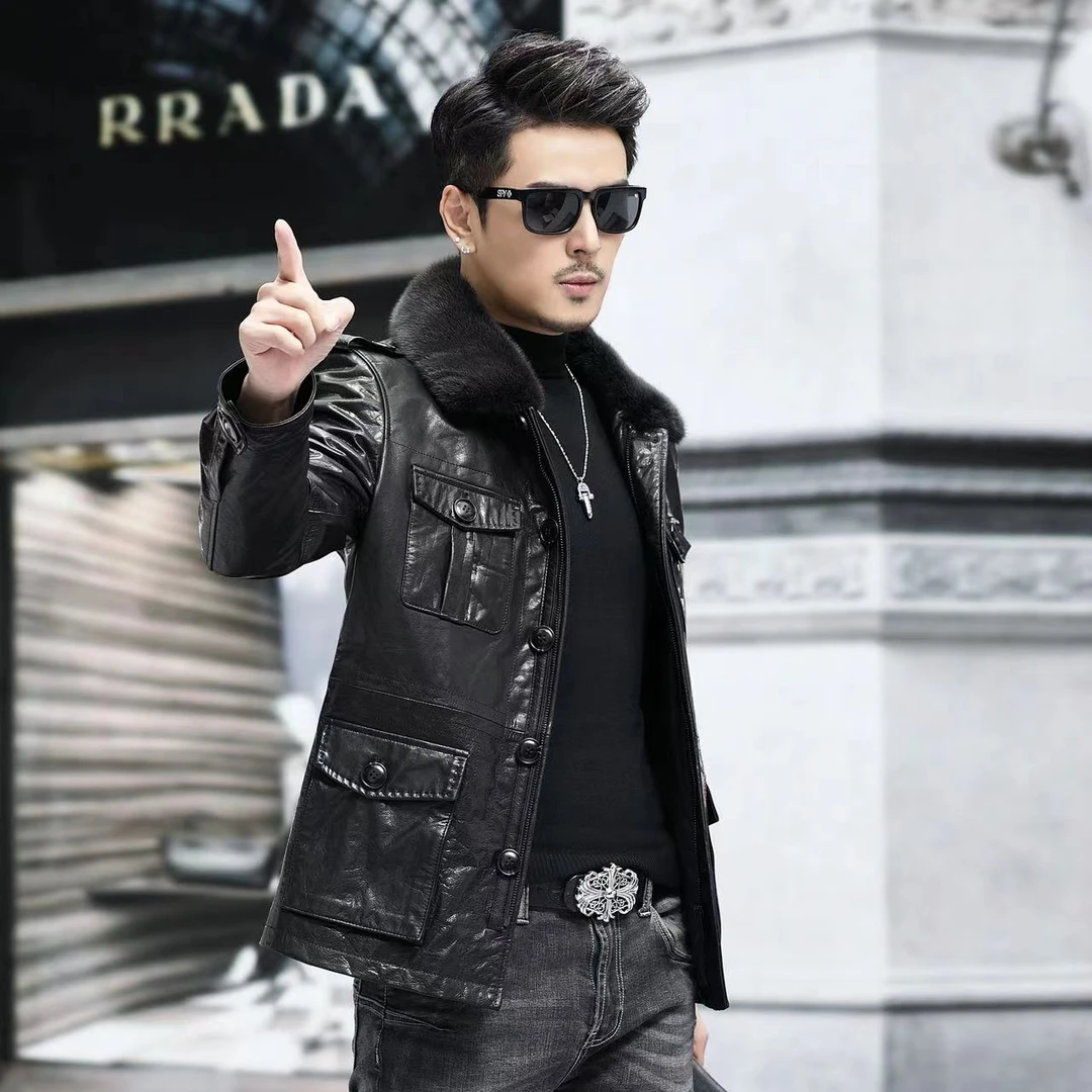 KN36606-2海宁男士真皮皮衣油蜡小牛皮  新款 猎装 时尚冬季外套