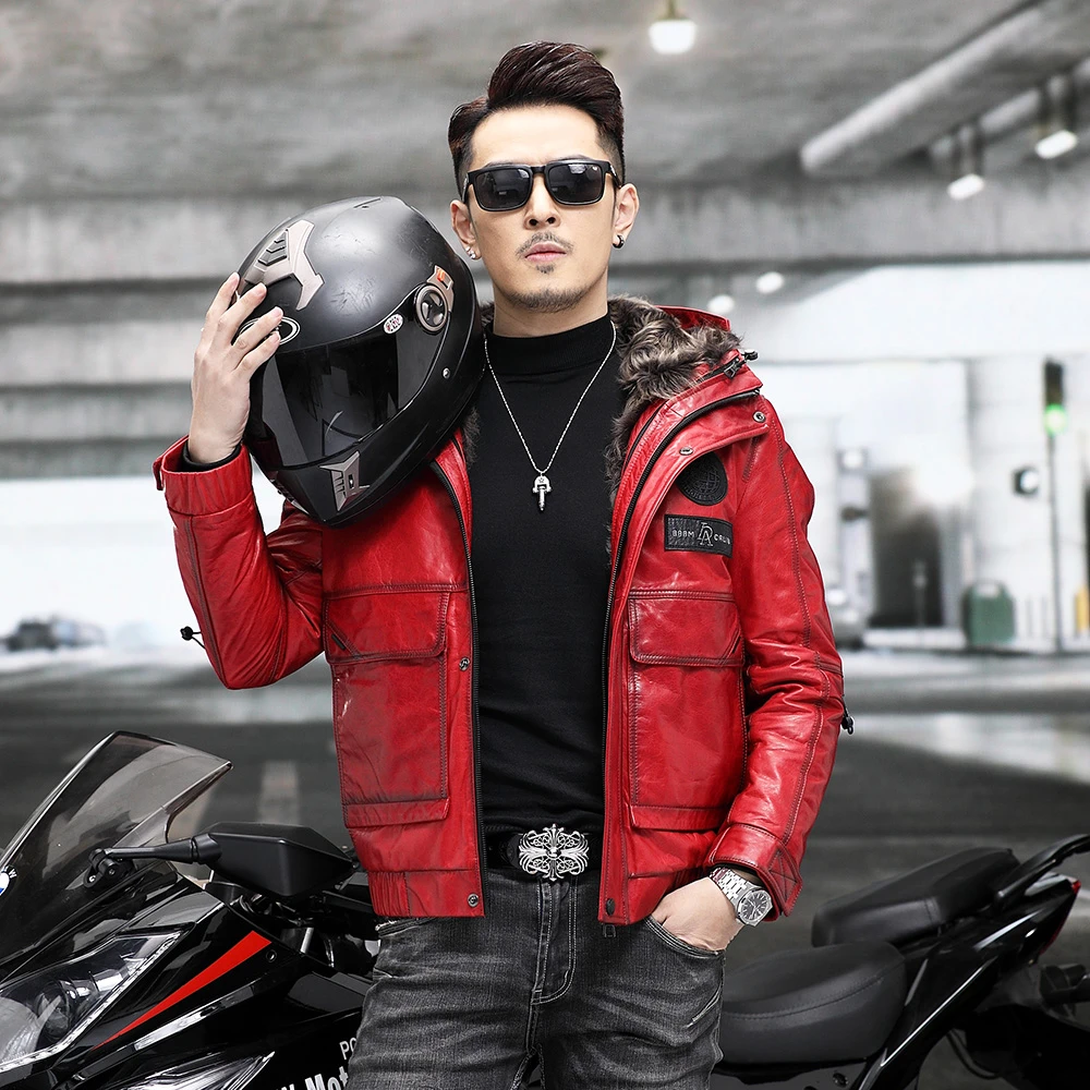 男士真皮皮衣海宁皮衣小牛皮连帽时尚皮夹克KN82123冬季潮流外套