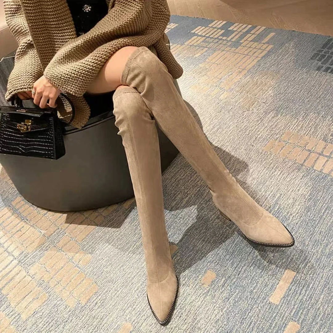 过膝显瘦2025秋冬季尖头加绒小个子网红时尚百搭高跟不掉筒弹力靴