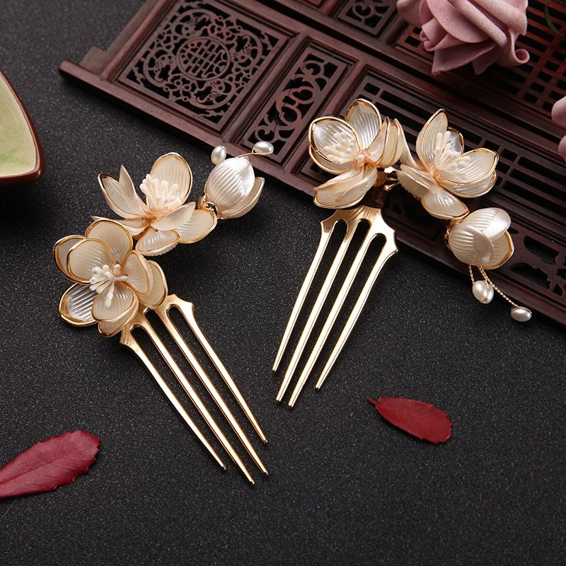 汉服头饰白玉兰发梳古风发饰荷花发簪插梳古装发钗U钗子女生仙气