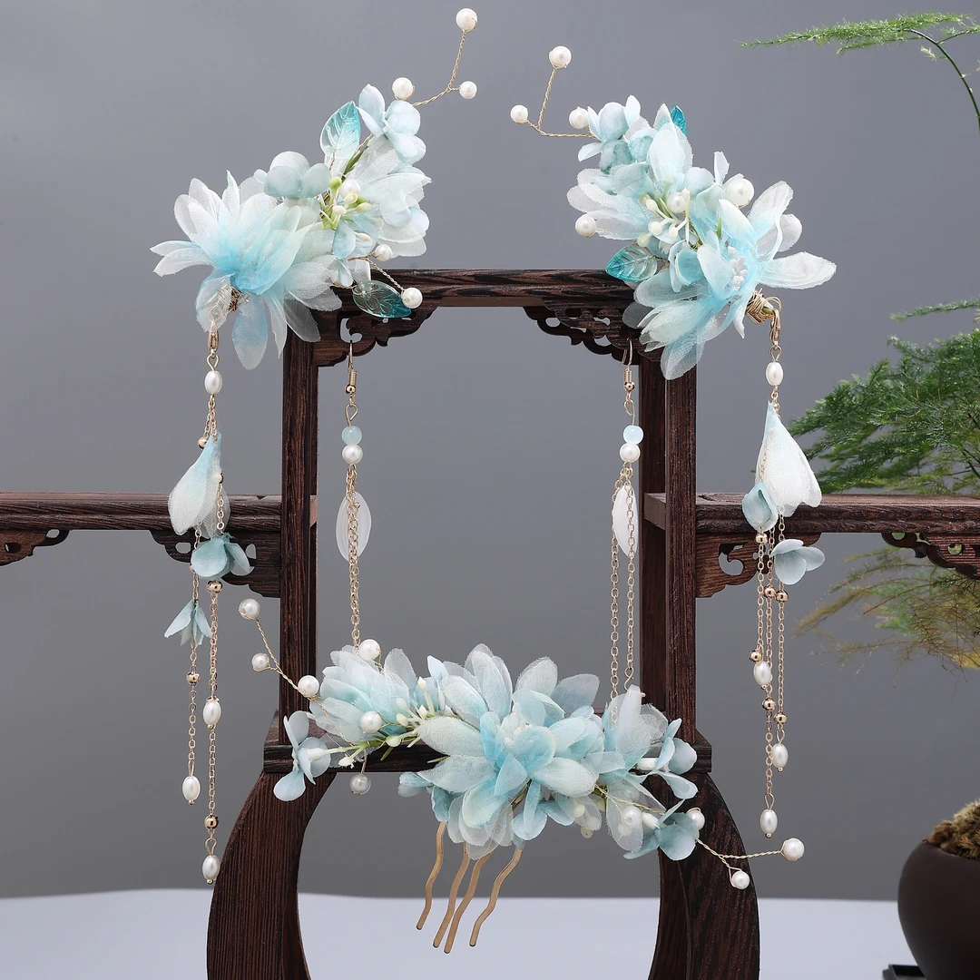 古风汉服头饰发梳发夹耳环仙女花朵发冠绢花夹子步摇女生超仙配饰